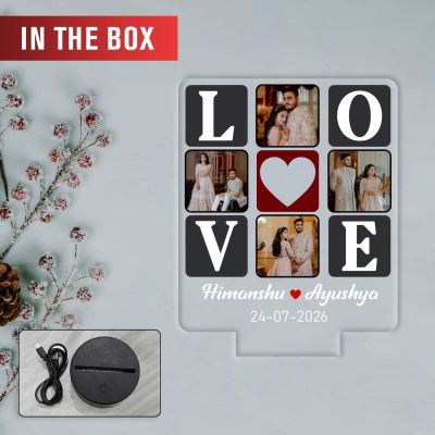 Personalized Love 3D LED Night Light Custom 4 Photos Collage Lamp with Names & Date, Romantic Love Light for Couples, Anniversary or Engagement Gift for Husband & Wife (Multi)